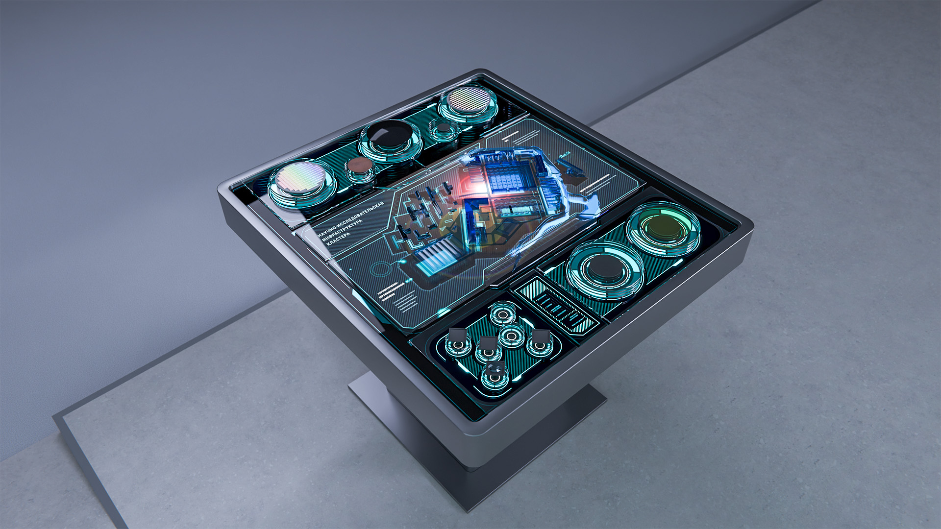 Multimedia product presentation table with motion graphics and real samples