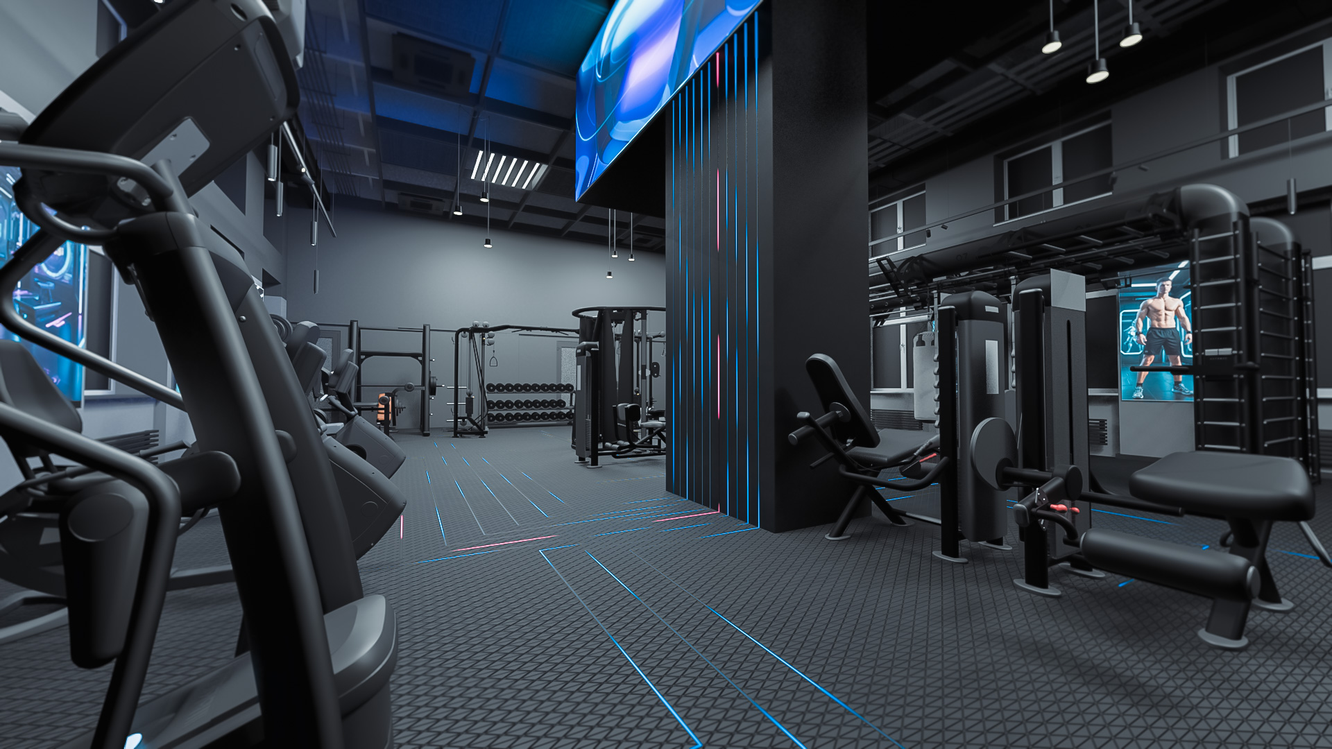 mmersive gym environment where lighting and screen animations change based on user performance
