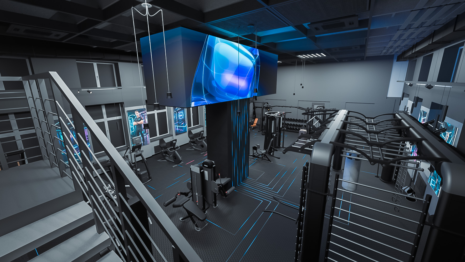 nteractive fitness installation with LED lighting and large media screen reacting to workout activity